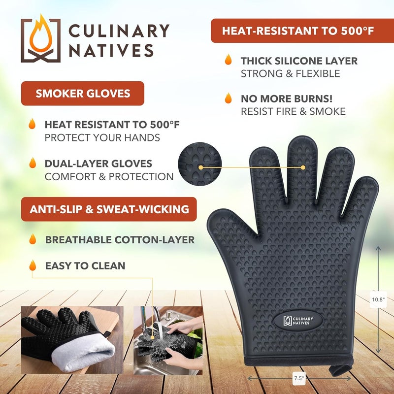 CULINARY NATIVES Smoker Gloves and Meat Claws | Instant-Read Thermometer, Timer & Brush | No.1 Heat Resistant Grill & Smoker Accessories Kit | BBQ Gloves & Pulled Pork Claws | Gift Set for Gas Charcoal & Pellet Grills - Image 2